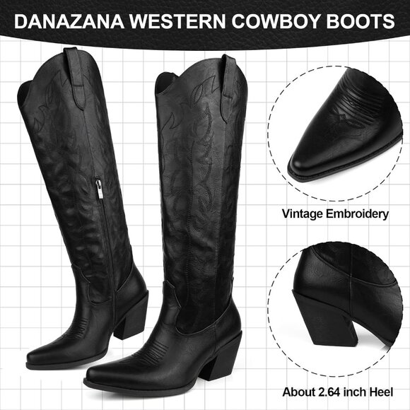 Women Black Wide Calf Rhinestones Pointed Toe Chunky Heel Embroidered Boots - Picture 3 of 7